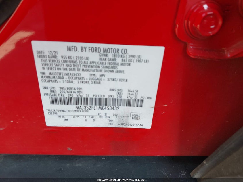 2021 Ford Ecosport VIN MAJ3S2FE1MC453432 IAAI salvage auction — FRONT END, Salvage Title, sold $1,950 on 2026-07-09 (photo 9)