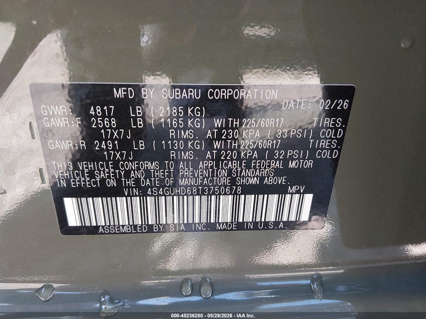 2026 Subaru Xv VIN 4S4GUHD68T3750678 IAAI salvage auction — WATER/FLOOD, Salvage Title, sold $16,600 on 2026-08-01 (photo 9)
