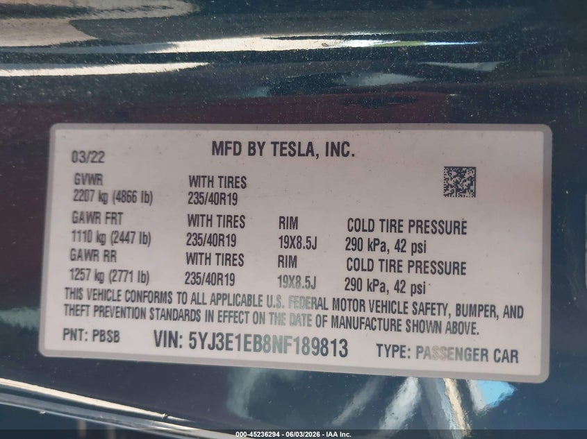 2022 Tesla Model 3 VIN 5YJ3E1EB8NF189813 IAAI salvage auction — RIGHT SIDE, Salvage Title, sold $8,550 on 2026-07-16 (photo 9)