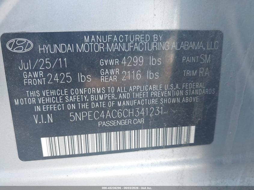 2012 Hyundai Sonata VIN 5NPEC4AC6CH341231 IAAI salvage auction — FRONT END, Salvage Title, sold $425 on 2026-07-20 (photo 9)