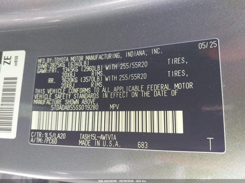 2025 Toyota Highlander VIN 5TDADAB55SS019280 IAAI salvage auction — FRONT END, Original (Texas), sold $5,100 on 2026-07-30 (photo 9)