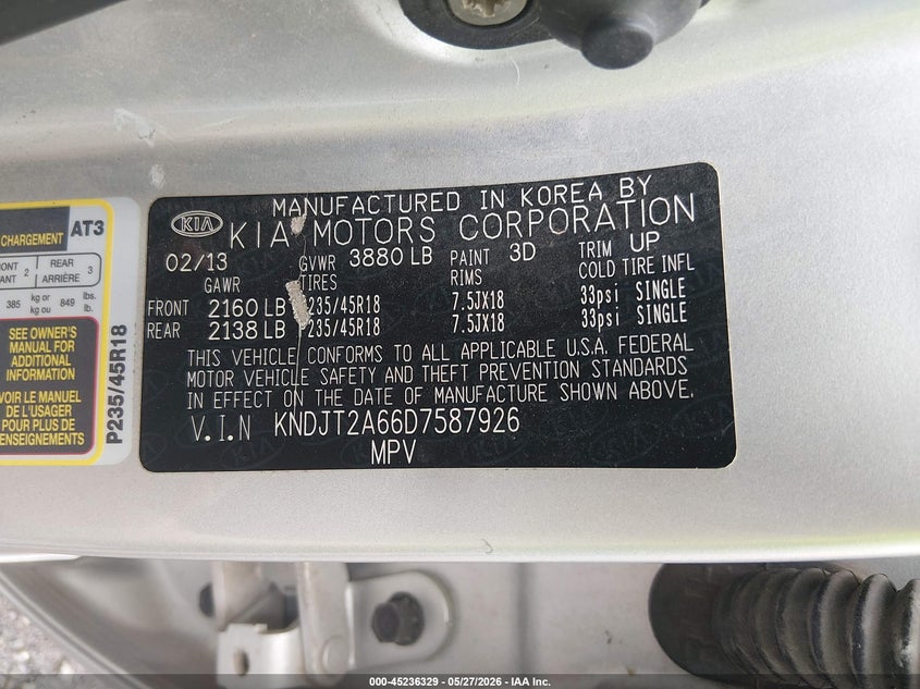 2013 Kia Soul VIN KNDJT2A66D7587926 IAAI salvage auction — FRONT END, Original (Ohio), sold $875 on 2026-07-29 (photo 9)