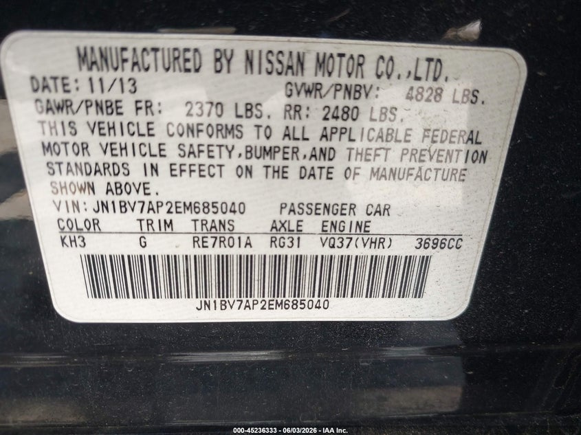 2014 Infiniti Q50 VIN JN1BV7AP2EM685040 IAAI salvage auction — LEFT SIDE, Salvage Title, sold $3,200 on 2026-07-08 (photo 9)