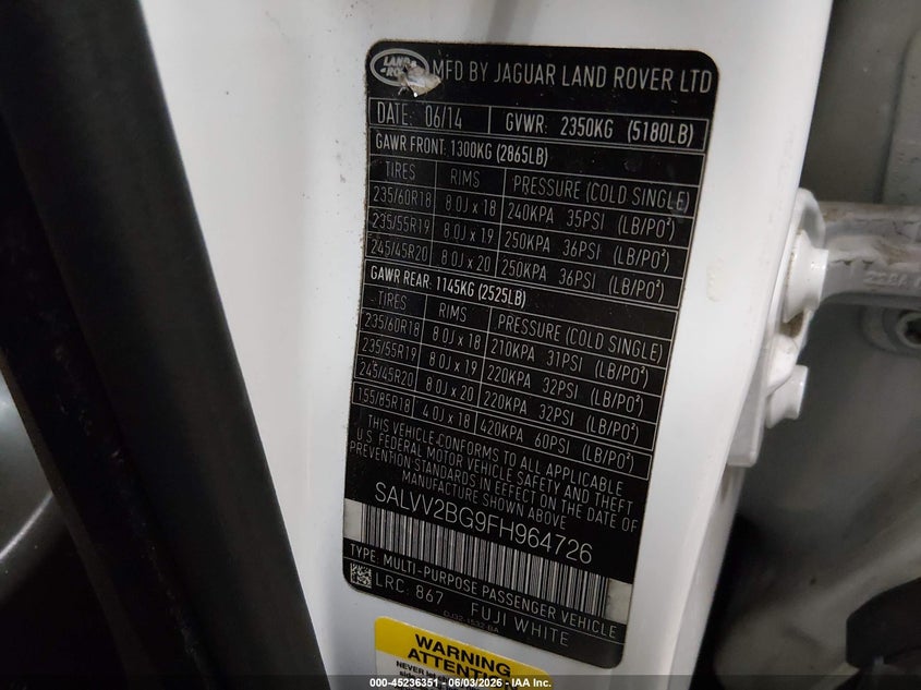 2015 Land rover Range rover evoque VIN SALVV2BG9FH964726 IAAI salvage auction — LEFT FRONT, Salvage (Arizona), sold $2,150 on 2026-07-28 (photo 9)
