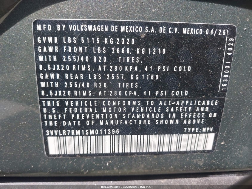 2025 Volkswagen Tiguan VIN 3VVLR7RM1SM011396 IAAI salvage auction — UNDERCARRIAGE, Salvage Title, sold $26,000 on 2026-07-18 (photo 9)