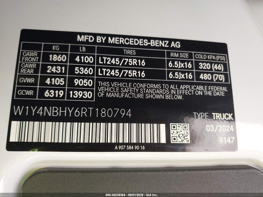2024 Mercedes-benz Sprinter VIN W1Y4NBHY6RT180794 IAAI salvage auction — ROOF, Salvage Title, sold $16,700 on 2026-07-08 (photo 9)