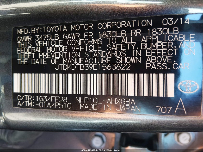 2014 Toyota Prius c VIN JTDKDTB39E1563622 IAAI salvage auction — RIGHT FRONT, Salvage Title, sold $2,650 on 2026-07-30 (photo 9)