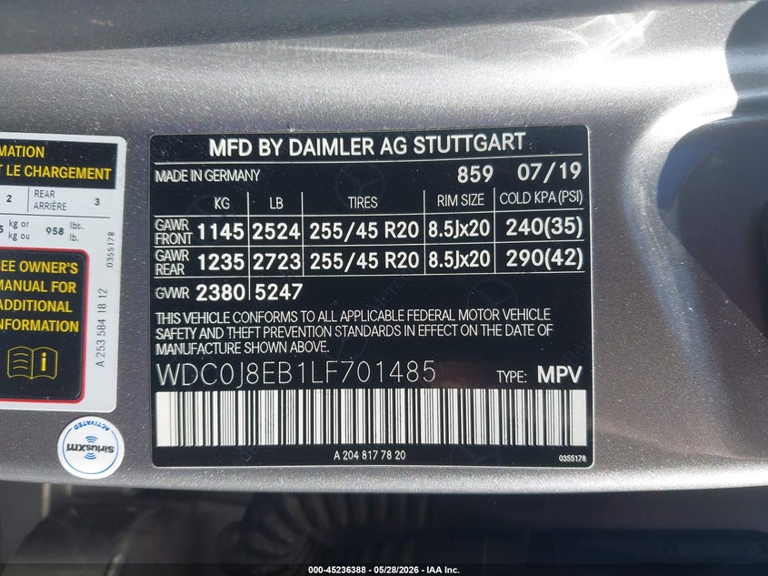 2020 Mercedes-benz Glc coupe VIN WDC0J8EB1LF701485 IAAI salvage auction — FRONT END, Wait Title, sold $14,200 on 2026-08-02 (photo 9)