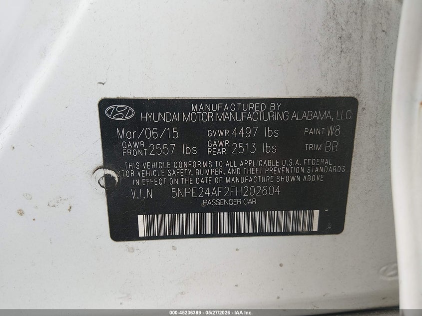 2015 Hyundai Sonata VIN 5NPE24AF2FH202604 IAAI salvage auction — LEFT SIDE, Salvage Title, sold $700 on 2026-07-28 (photo 9)