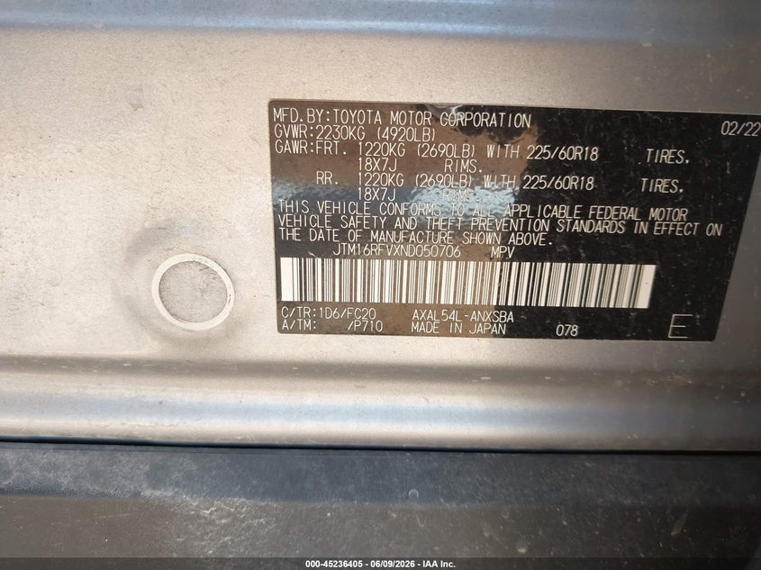 2022 Toyota Rav 4 VIN JTM16RFVXND050706 IAAI salvage auction — HAIL, Salvage Title, sold $14,000 on 2026-07-06 (photo 9)
