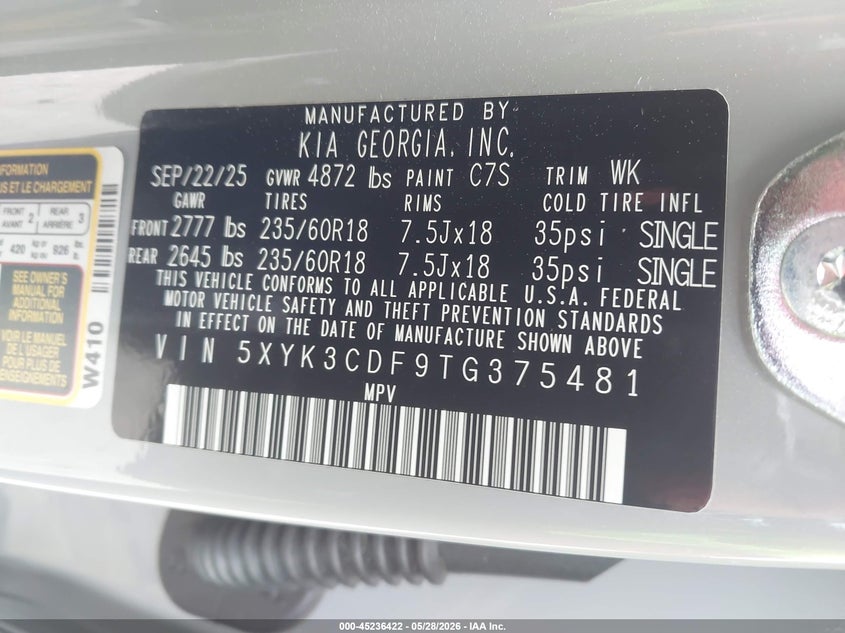 2026 Kia Sportage VIN 5XYK3CDF9TG375481 IAAI salvage auction — FRONT END, Salvage Title, sold $7,925 on 2026-07-28 (photo 9)