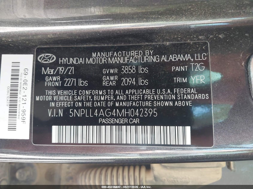 2021 Hyundai Elantra VIN 5NPLL4AG4MH042395 IAAI salvage auction — HAIL, Sf97 (Minnesota), sold $2,050 on 2026-07-14 (photo 9)