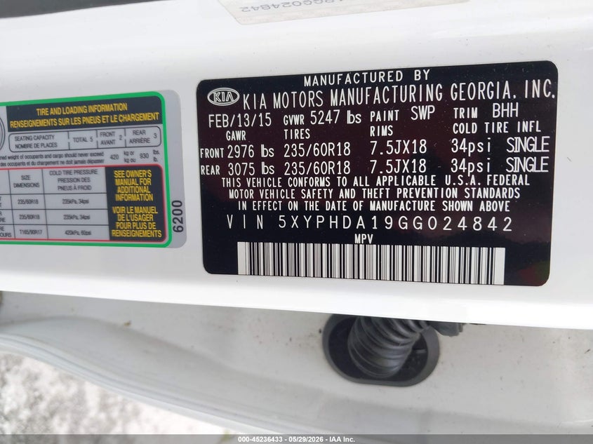 2016 Kia Sorento VIN 5XYPHDA19GG024842 IAAI salvage auction — LEFT FRONT, Salvage Title, sold $1,850 on 2026-07-09 (photo 9)