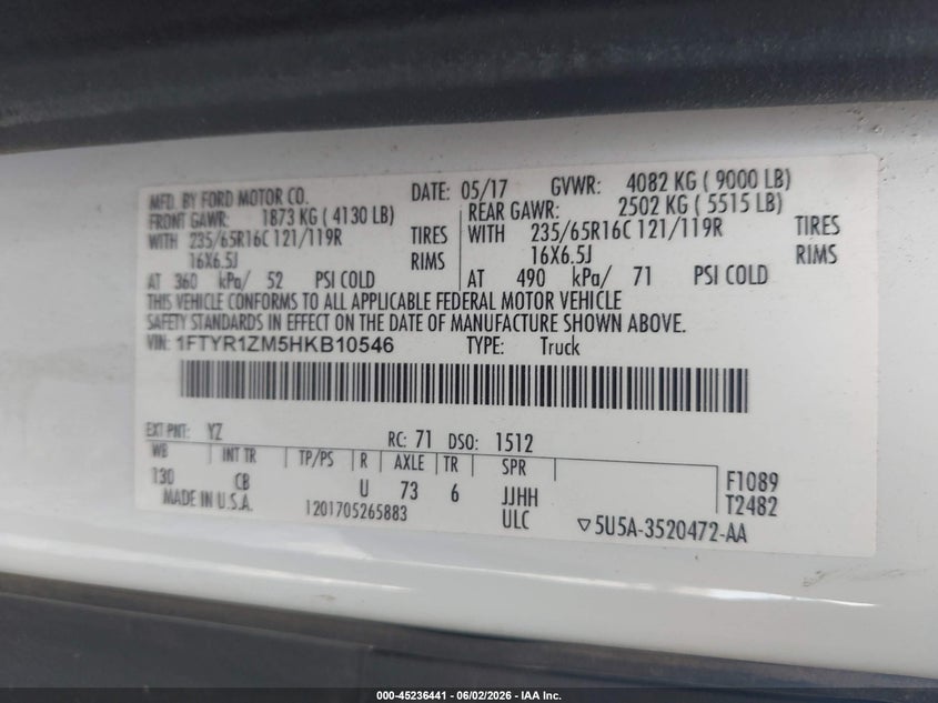 2017 Ford Transit VIN 1FTYR1ZM5HKB10546 IAAI salvage auction — REAR END, Salvage Title, sold $2,550 on 2026-07-09 (photo 9)