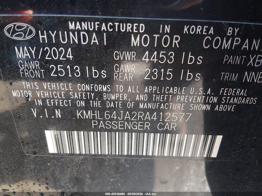 2024 Hyundai Sonata VIN KMHL64JA2RA412577 IAAI salvage auction — HAIL, Salvage Title, sold $8,400 on 2026-07-07 (photo 9)