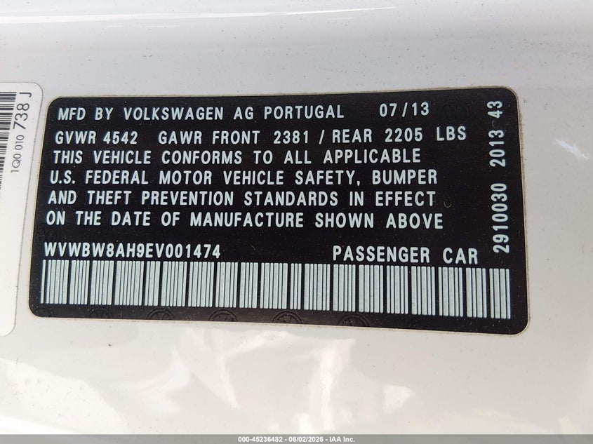 2014 Volkswagen Eos VIN WVWBW8AH9EV001474 IAAI salvage auction — LEFT FRONT, Original (Texas), sold $1,800 on 2026-08-05 (photo 9)