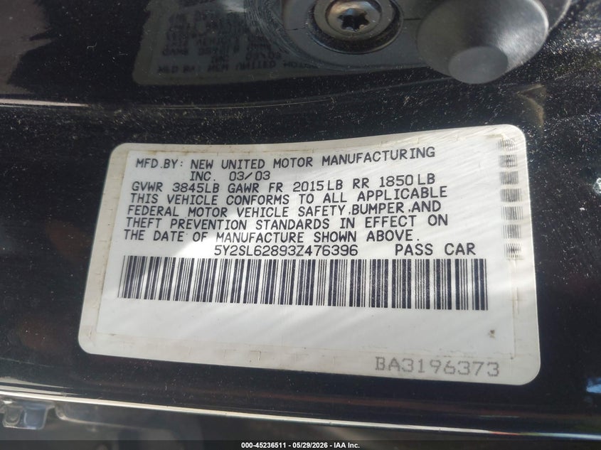 2003 Pontiac Vibe VIN 5Y2SL62893Z476396 IAAI salvage auction — NORMAL WEAR, Original (Ohio), sold $475 on 2026-07-14 (photo 9)