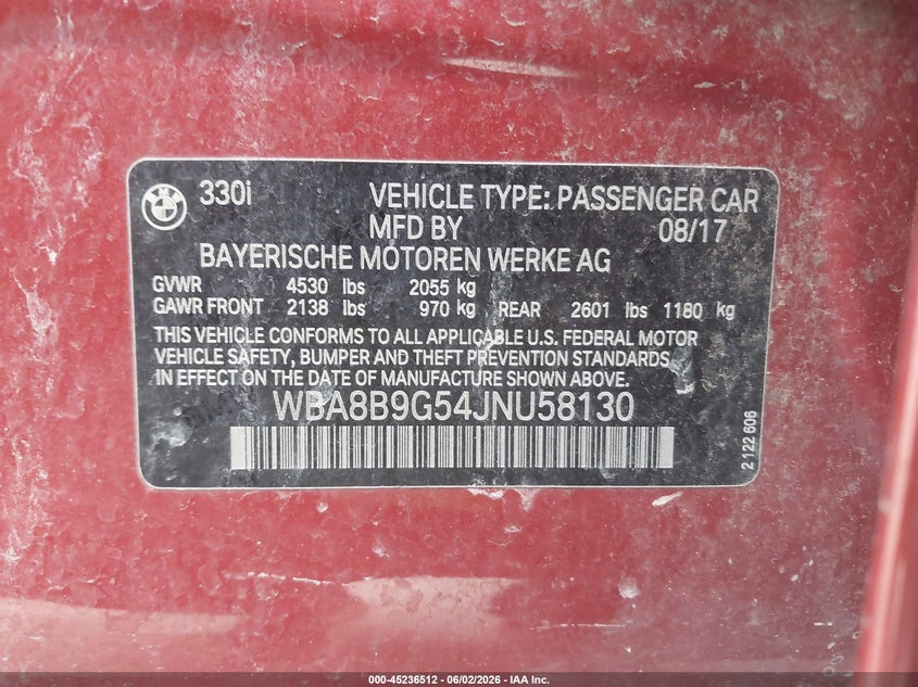 2018 BMW 3er VIN WBA8B9G54JNU58130 IAAI salvage auction — NORMAL WEAR, Salvage Title, sold $4,550 on 2026-07-09 (photo 9)
