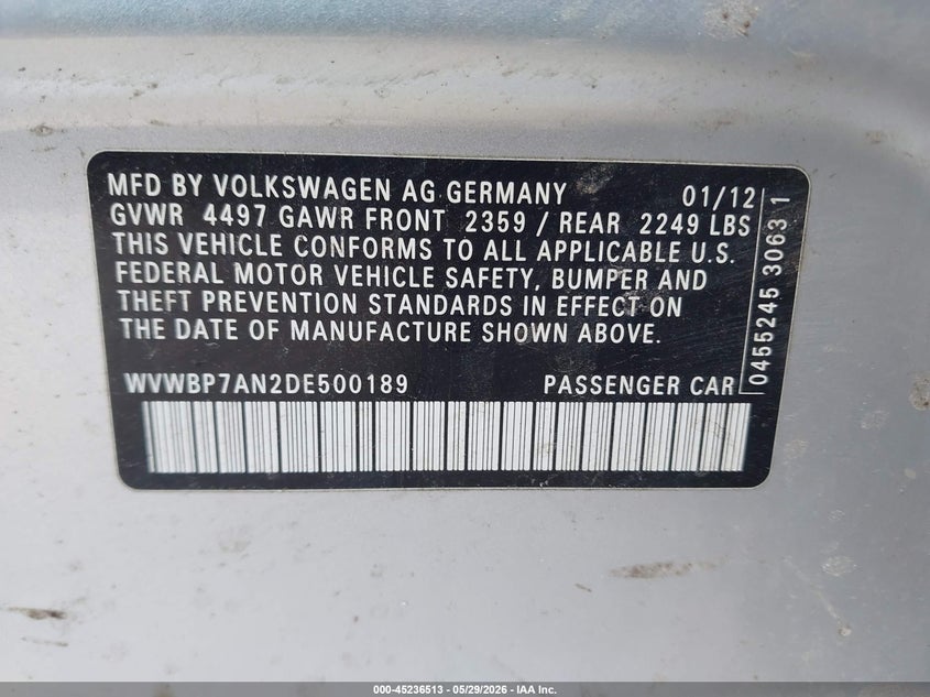 2013 Volkswagen Cc VIN WVWBP7AN2DE500189 IAAI salvage auction — FRONT END, Original (Texas), sold $250 on 2026-07-08 (photo 9)