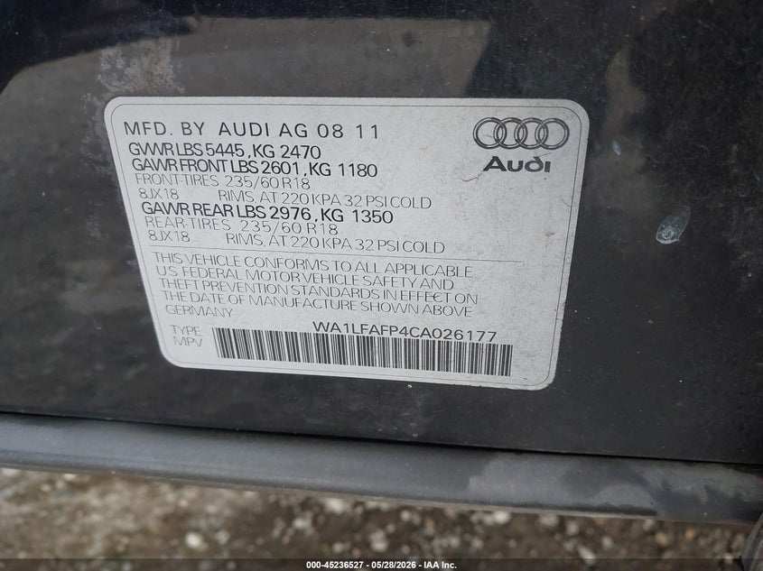 2012 Audi Q5 VIN WA1LFAFP4CA026177 IAAI salvage auction — NORMAL WEAR, Clear - Dealer Only (California), sold $25 on 2026-07-16 (photo 9)