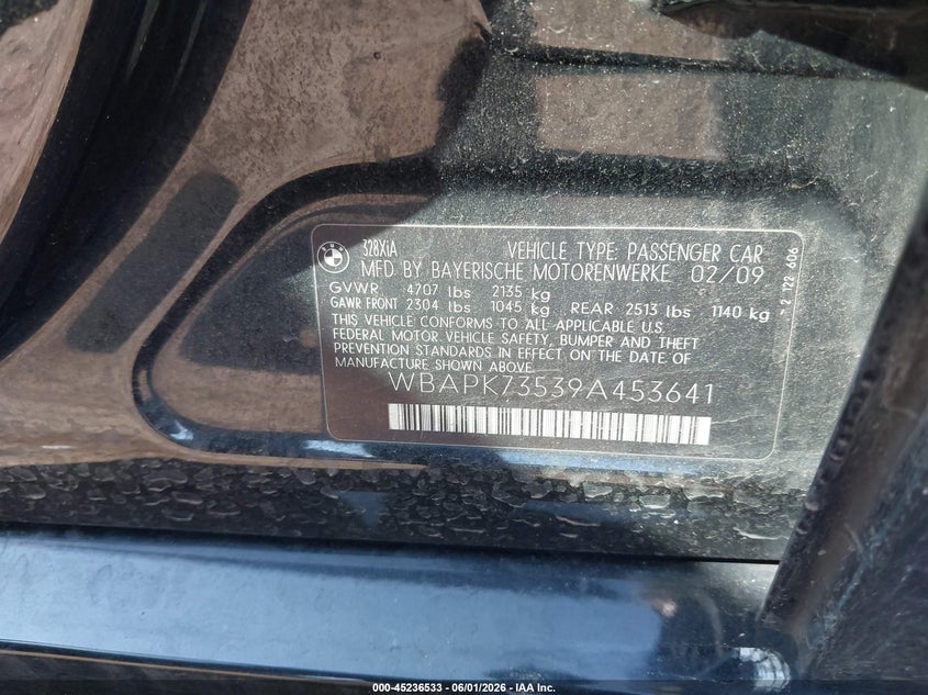 2009 BMW 3 series VIN WBAPK73539A453641 IAAI salvage auction — SIDE, Salvage (New Jersey), sold $425 on 2026-07-20 (photo 9)