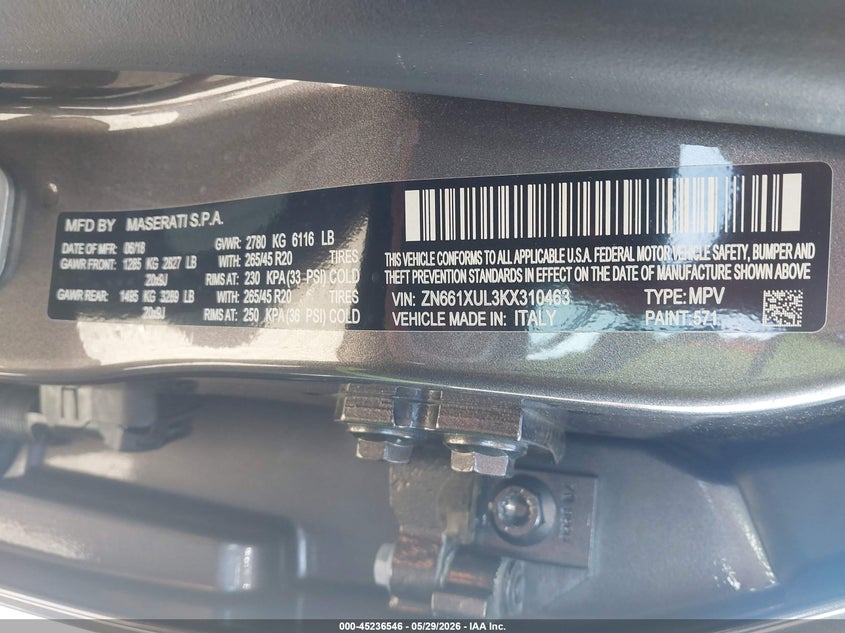 2019 Maserati Levante VIN ZN661XUL3KX310463 IAAI salvage auction — FRONT END, Junk Bill Of Sale Mv2459 (Wisconsin), sold $5,125 on 2026-07-30 (photo 9)