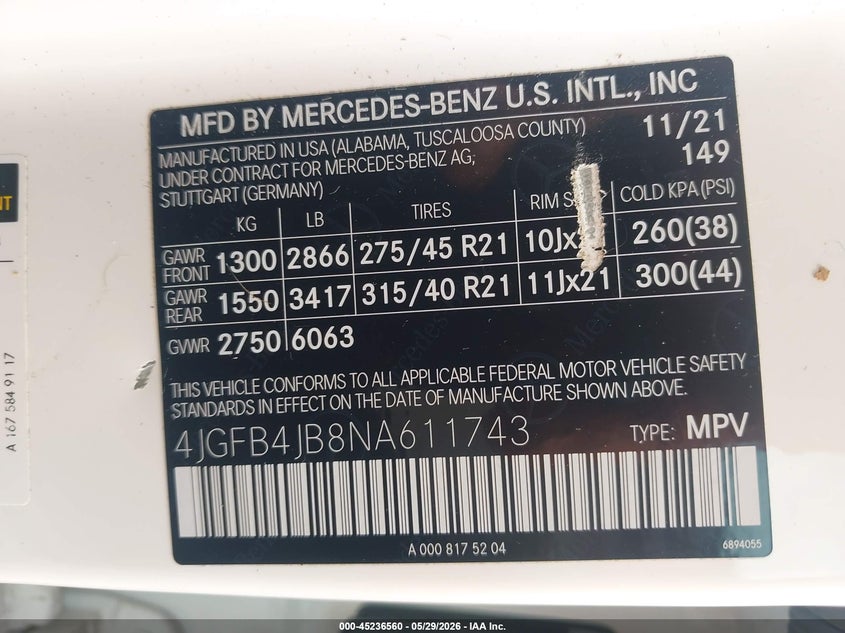 2022 Mercedes-benz Gle VIN 4JGFB4JB8NA611743 IAAI salvage auction — FRONT & REAR, Salvage Title, sold $9,600 on 2026-07-09 (photo 9)