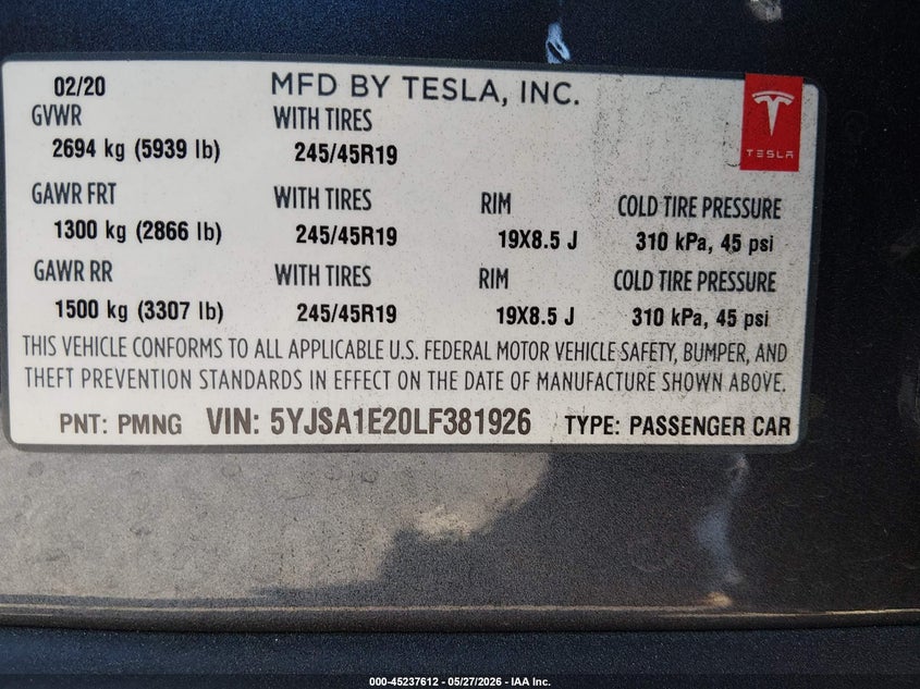 2020 Tesla Model s VIN 5YJSA1E20LF381926 IAAI salvage auction — FRONT END, Salvage Title, sold $9,150 on 2026-07-06 (photo 9)