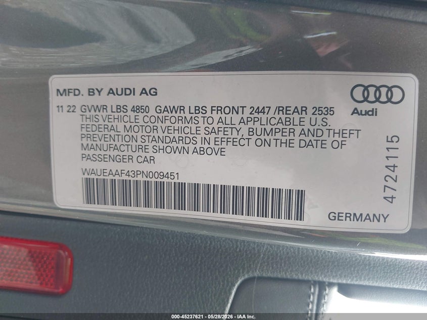 2023 Audi A4 VIN WAUEAAF43PN009451 IAAI salvage auction — RIGHT SIDE, Salvage Title, sold $7,650 on 2026-09-01 (photo 9)