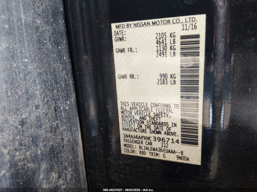 2017 Nissan Maxima VIN 1N4AA6APXHC396714 IAAI salvage auction — ROOF, Salvage (South Carolina), sold $2,200 on 2026-07-18 (photo 9)