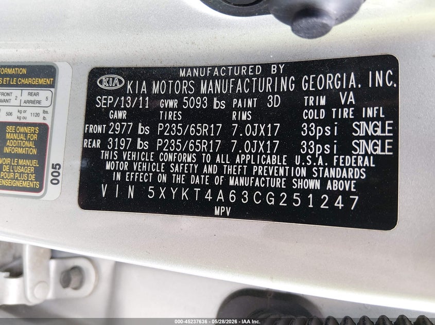 2012 Kia Sorento VIN 5XYKT4A63CG251247 IAAI salvage auction — REAR END, Salvage Title, sold $625 on 2026-07-29 (photo 9)