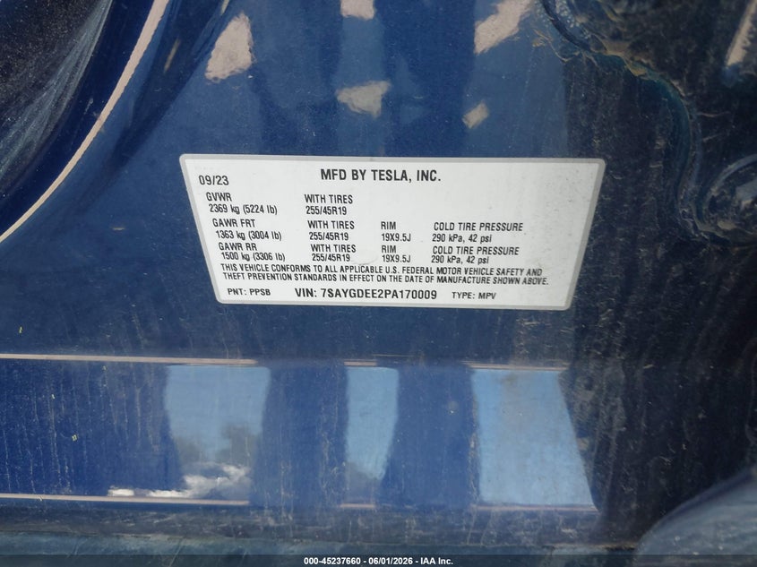 2023 Tesla Model y VIN 7SAYGDEE2PA170009 IAAI salvage auction — FRONT & REAR, Salvage (Pennsylvania), sold $8,100 on 2026-08-01 (photo 9)
