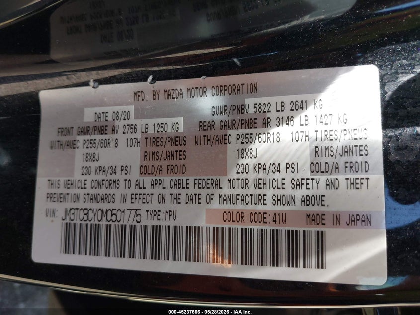 2021 Mazda Cx-9 VIN JM3TCBCY0M0501775 IAAI salvage auction — FRONT END, Salvage Title, sold $5,250 on 2026-07-15 (photo 9)