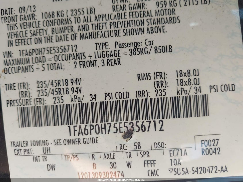 2014 Ford Fusion VIN 1FA6P0H75E5356712 IAAI salvage auction — LEFT FRONT, Salvage Title, sold $550 on 2026-07-05 (photo 9)