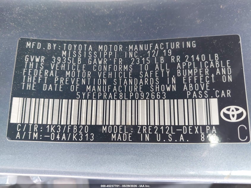 2020 Toyota Corolla VIN 5YFEPRAE8LP092663 IAAI salvage auction — FRONT & REAR, Salvage (Texas), sold $3,000 on 2026-08-02 (photo 9)