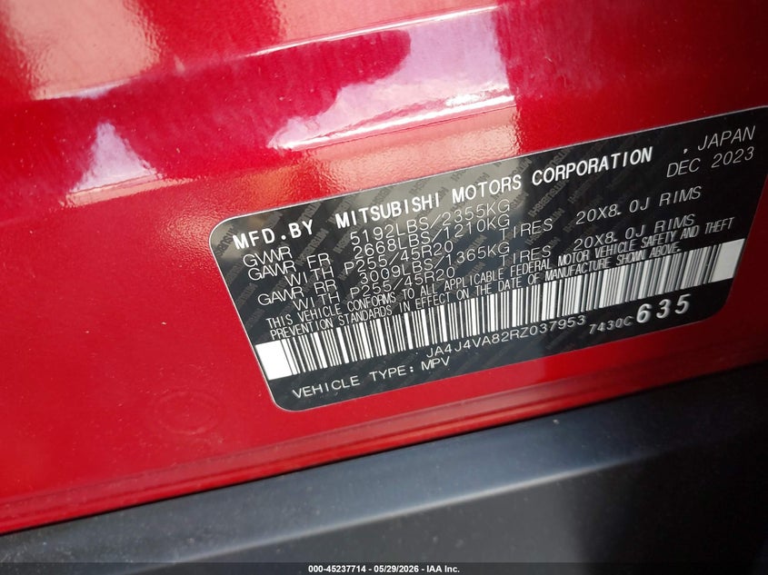 2024 Mitsubishi Outlander VIN JA4J4VA82RZ037953 IAAI salvage auction — FRONT END, Salvage Title, sold $4,700 on 2026-07-27 (photo 9)