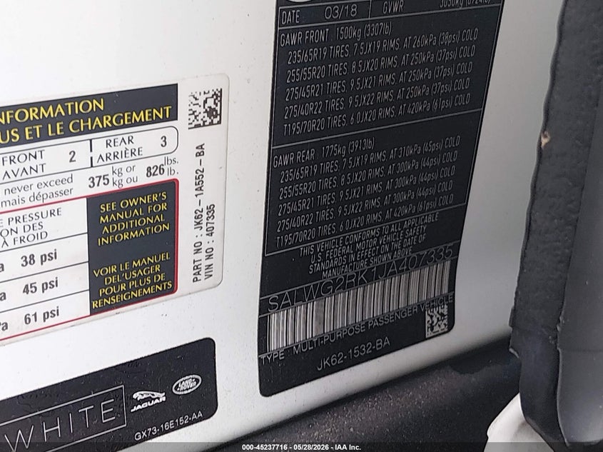 2018 Land rover Range rover sport VIN SALWG2RK1JA407335 IAAI salvage auction — FRONT END, Rebuildable (Florida), sold $10,500 on 2026-07-20 (photo 9)