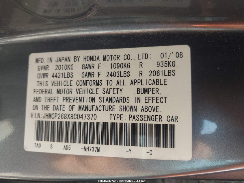 2008 Honda Accord VIN JHMCP268X8C047370 IAAI salvage auction — FRONT END, Salvage (Texas), sold $350 on 2026-07-15 (photo 9)