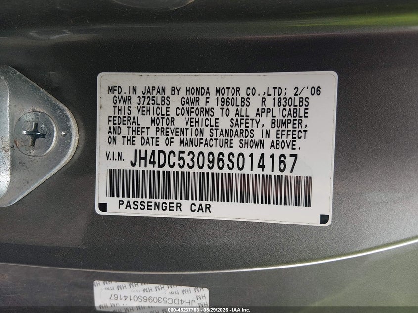 2006 Acura Rsx VIN JH4DC53096S014167 IAAI salvage auction — RIGHT SIDE, Salvage (Oregon), sold $4,050 on 2026-07-27 (photo 9)
