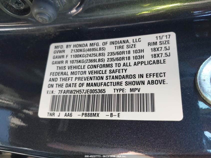 2018 Honda Cr-v VIN 7FARW2H57JE005365 IAAI salvage auction — FRONT END, Salvage (Ohio), sold $6,600 on 2026-07-21 (photo 9)
