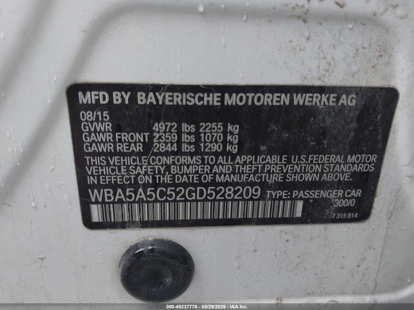 2016 BMW 5er VIN WBA5A5C52GD528209 IAAI salvage auction — HAIL, Clear (Missouri), sold $3,600 on 2026-07-13 (photo 9)