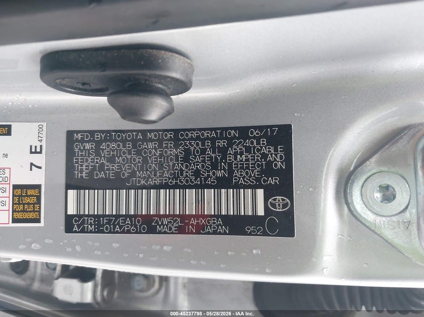 2017 Toyota Prius prime VIN JTDKARFP6H3034145 IAAI salvage auction — NORMAL WEAR, Salvage Title - Dealer (California), sold $1,000 on 2026-07-06 (photo 9)