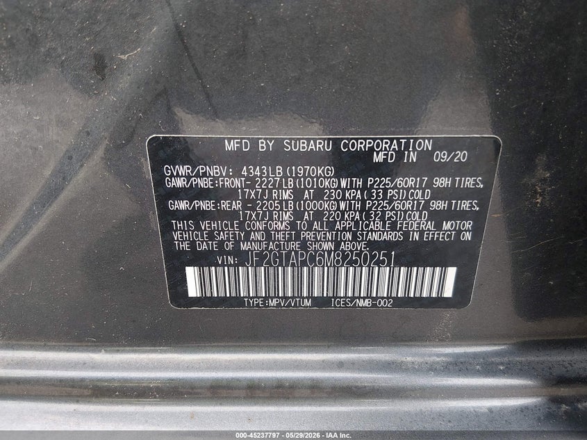 2021 Subaru Xv VIN JF2GTAPC6M8250251 IAAI salvage auction — HAIL, Salvage Title, sold $3,850 on 2026-07-28 (photo 9)