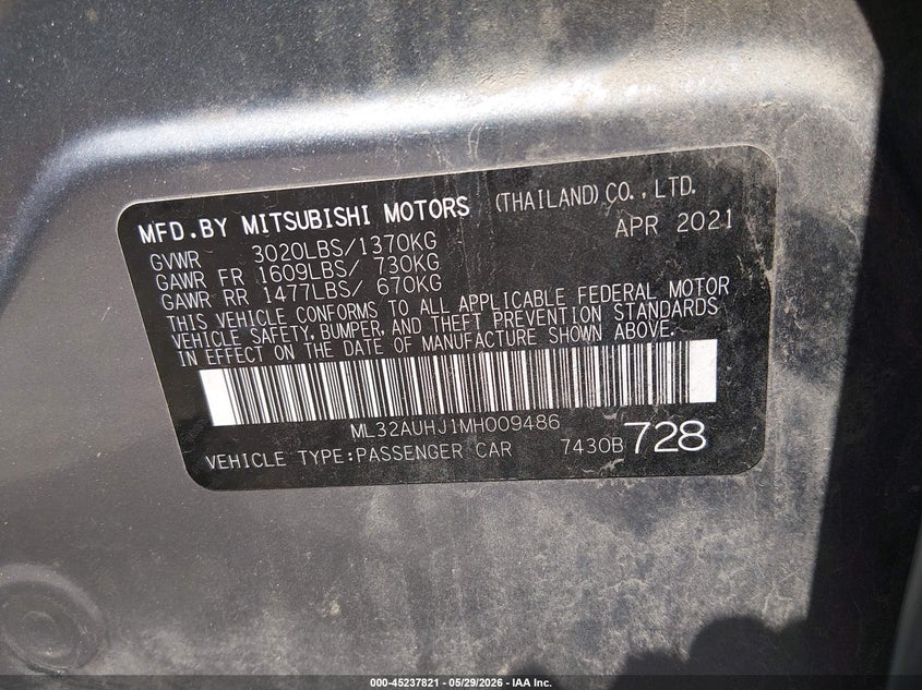 2021 Mitsubishi Mirage VIN ML32AUHJ1MH009486 IAAI salvage auction — LEFT SIDE, Salvage Title, sold $1,600 on 2026-07-20 (photo 9)