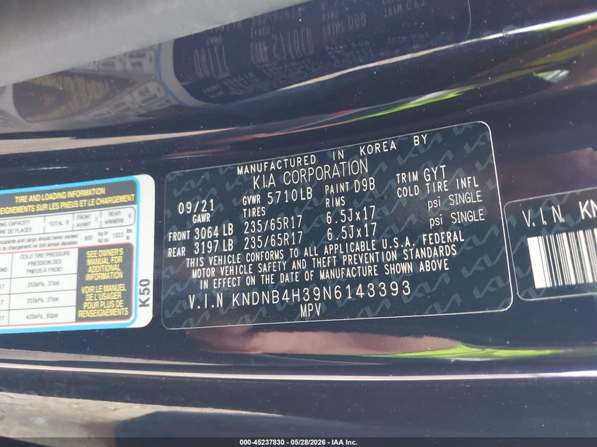 2022 Kia Carnival VIN KNDNB4H39N6143393 IAAI salvage auction — FRONT END, Salvage Title, sold $5,275 on 2026-07-14 (photo 9)
