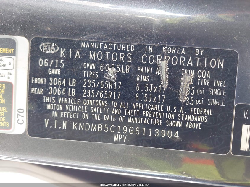 2016 Kia SEDONA VIN KNDMB5C19G6113904 IAAI salvage auction — UNKNOWN, Salvage Title, sold $1,975 on 2026-07-29 (photo 9)