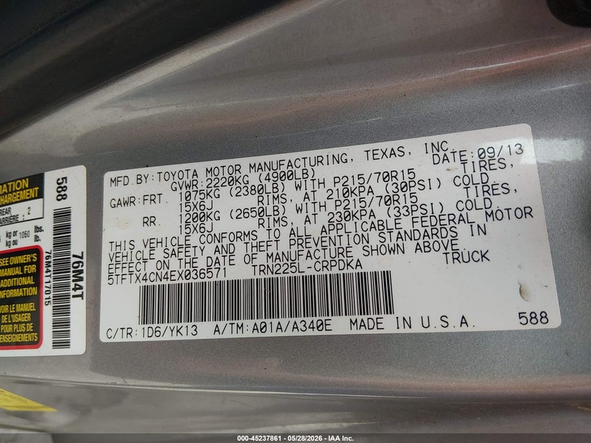 2014 Toyota Tacoma VIN 5TFTX4CN4EX036571 IAAI salvage auction — FRONT END, Salvage (Georgia), sold $4,900 on 2026-07-31 (photo 9)