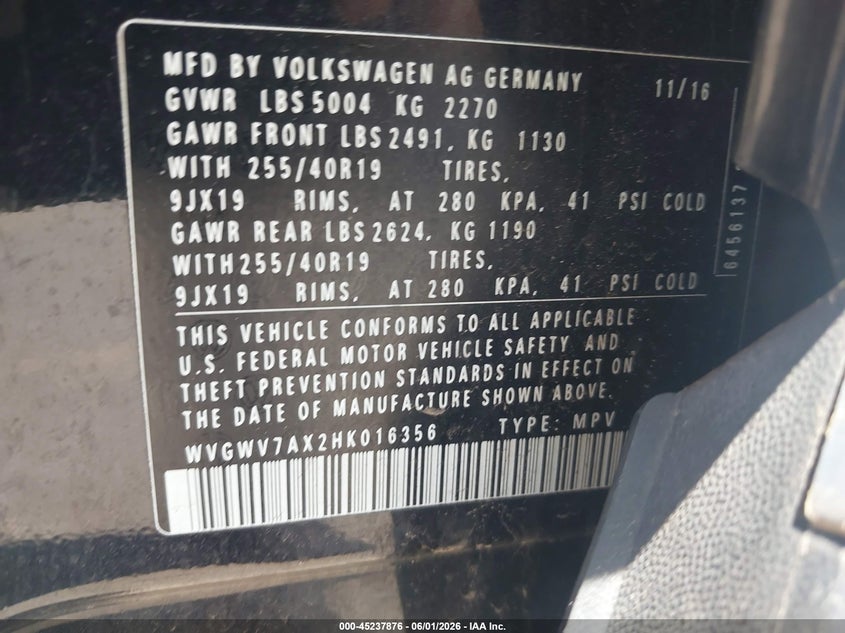 2017 Volkswagen Tiguan VIN WVGWV7AX2HK016356 IAAI salvage auction — FRONT END, Salvage (Minnesota), sold $3,000 on 2026-07-20 (photo 9)