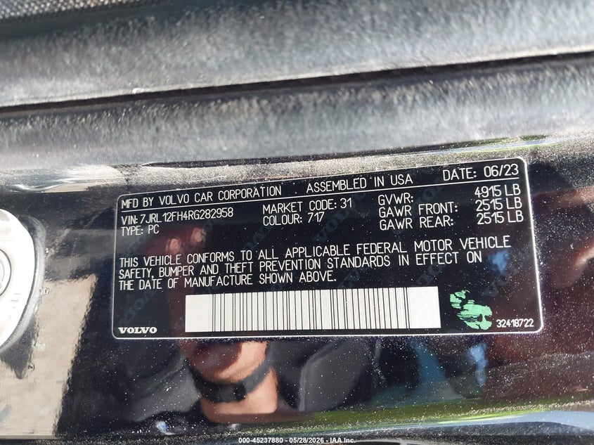 2024 Volvo S60 VIN 7JRL12FH4RG282958 IAAI salvage auction — FRONT END, Salvage (Texas), sold $4,600 on 2026-07-29 (photo 9)
