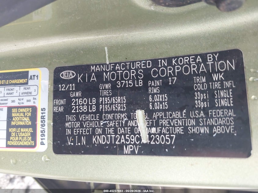 2012 Kia Soul VIN KNDJT2A59C7423057 IAAI salvage auction — LEFT FRONT, Repossession Paperwork (Georgia), sold $350 on 2026-07-06 (photo 9)